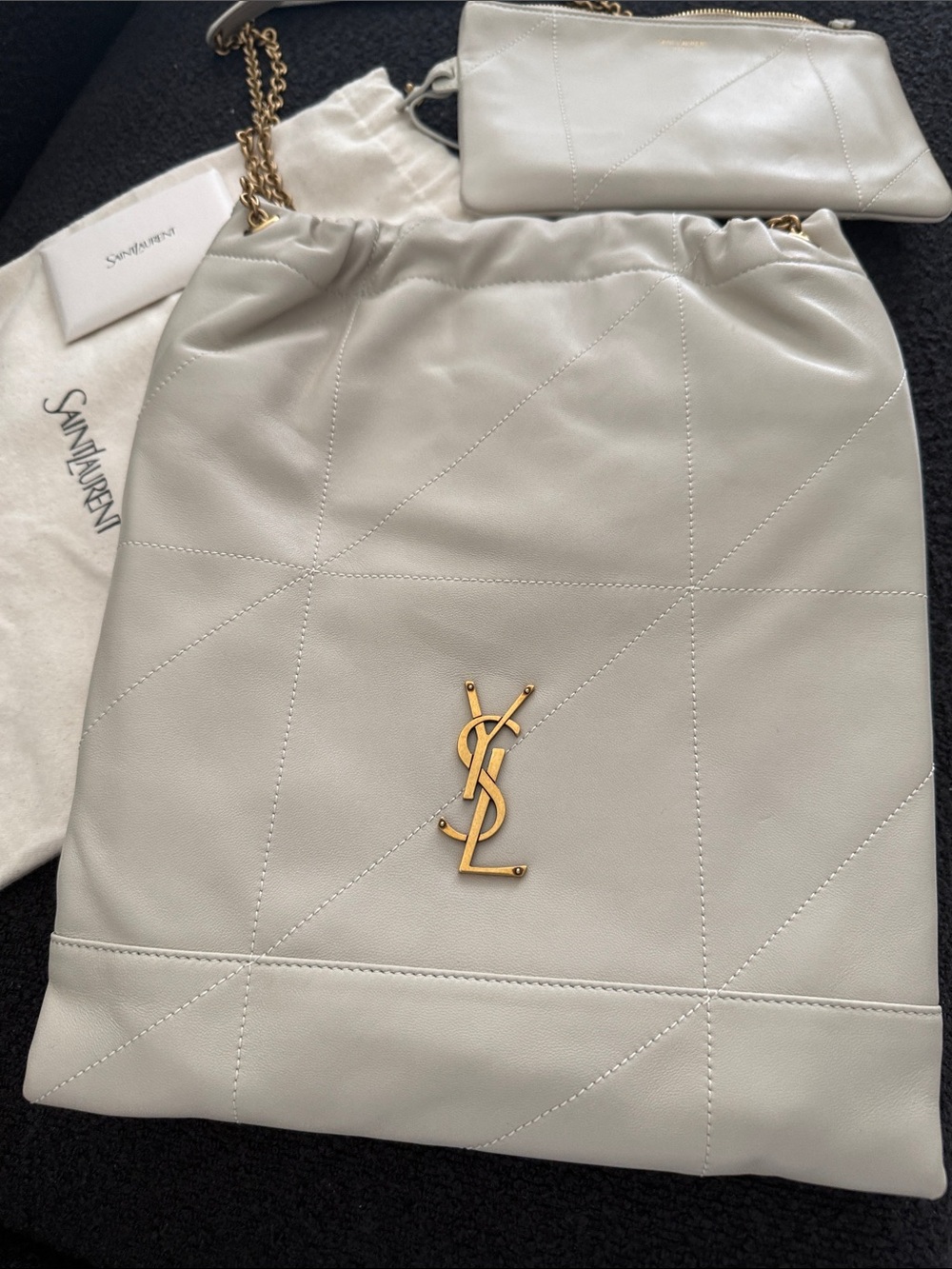 Saint Laurent Cream Leather Drawstring Shoulder Tote with Gold YSL